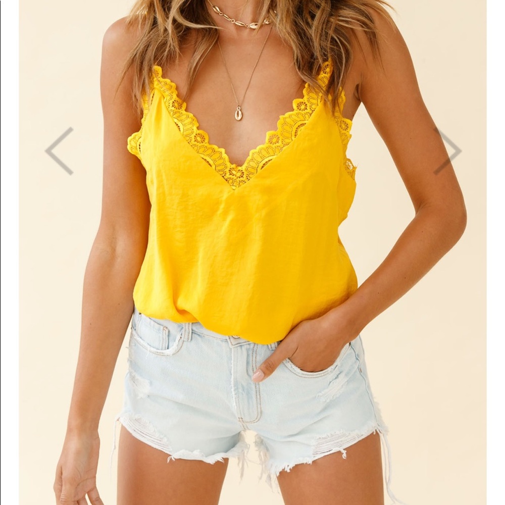 Selfie Leslie Lace Trim Camisole Bodysuit Mustard